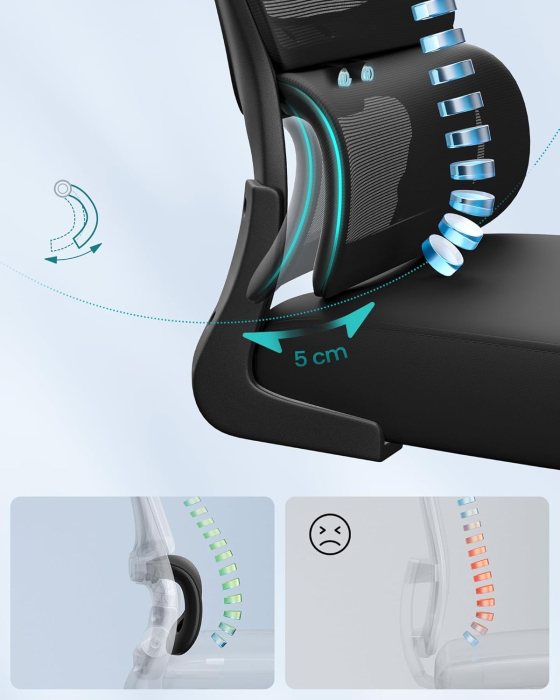 Scaun de birou ergonomic mesh, suport lombar dinamic, tetiera reglabila, brate rabatabile, 70x70x135 cm, negru [4]