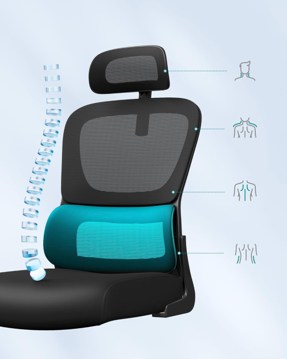 Scaun de birou ergonomic mesh, suport lombar dinamic, tetiera reglabila, brate rabatabile, 70x70x135 cm, negru [8]