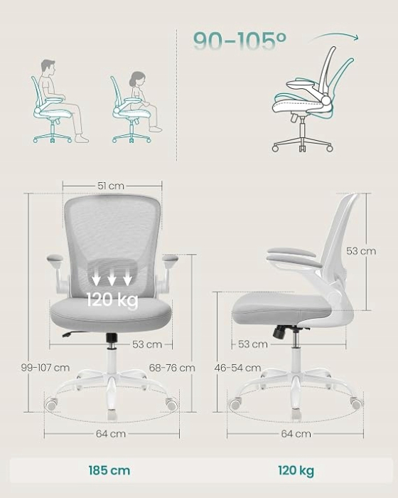 Scaun de birou ergonomic reglabil cu spatar mesh si suport lombar, maxim 120 kg, 64x64x107 cm, gri deschis [8]