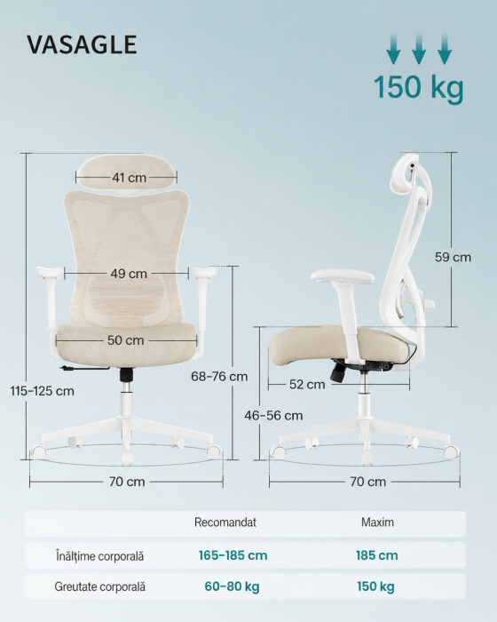 Scaun de birou ergonomic reglabil cu suport lombar si tetiera, maxim 120 kg, 70x70x125 cm, bej cappuccino [5]