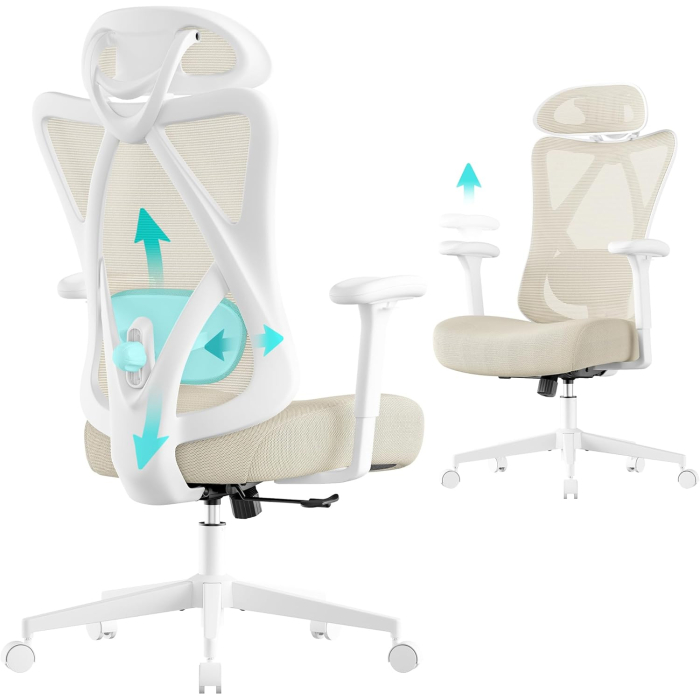Scaun de birou ergonomic reglabil cu suport lombar si tetiera, maxim 120 kg, 70x70x125 cm, bej cappuccino [4]