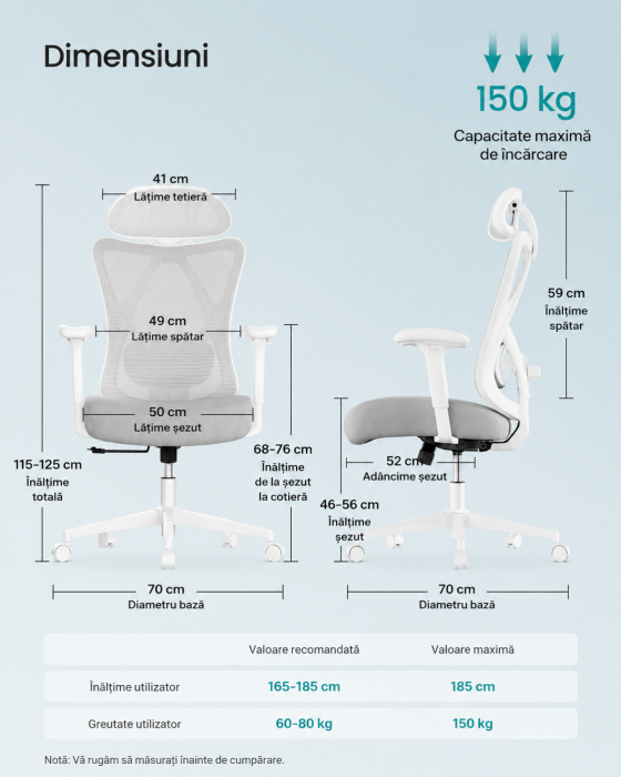 Scaun de birou ergonomic reglabil cu suport lombar si tetiera, maxim 120 kg, 70x70x125 cm, gri [2]
