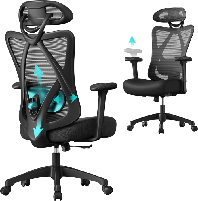 Scaun de birou ergonomic reglabil cu suport lombar si tetiera, maxim 120 kg, 70x70x125 cm, negru [4]