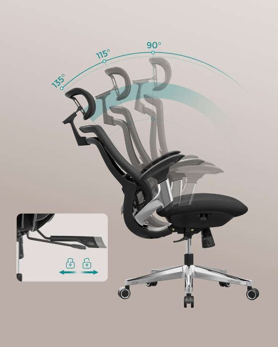 Scaun de birou ergonomic reglabil cu tetiera si suport lombar, inclinare 135Â°, maxim 150 kg, 70x70x125 cm, negru [9]