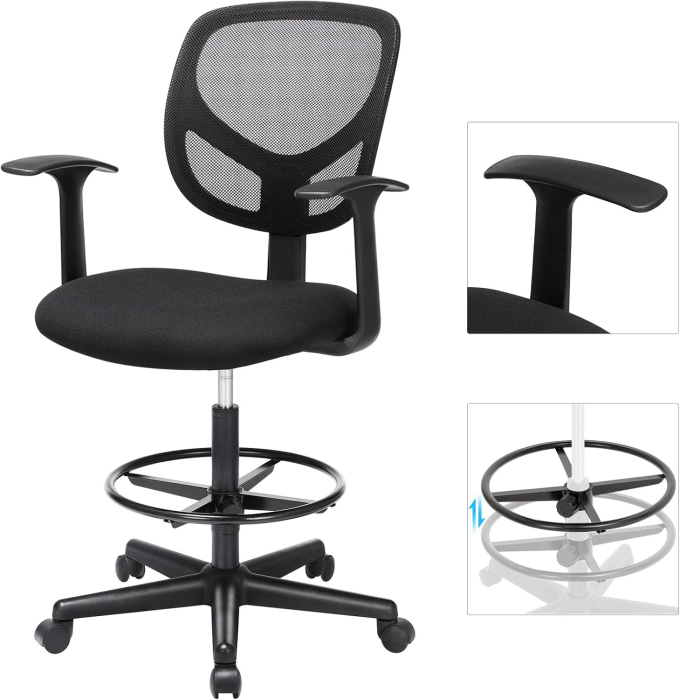 Scaun de birou inalt, rotativ, suport picioare reglabil, ajustare pe inaltime 55-75 cm, 64x64x97 cm, negru [4]