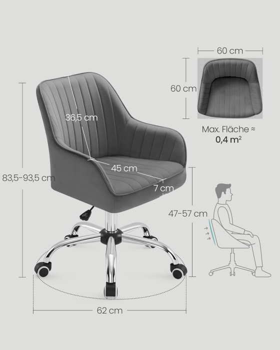 Scaun de birou rotativ din catifea, reglabil pe inaltime, 64x62x84-94 cm, maxim 120 kg, gri [8]