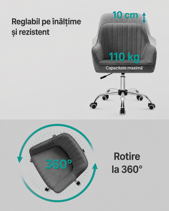 Scaun de birou rotativ din catifea, reglabil pe inaltime, 64x62x84-94 cm, maxim 120 kg, gri [7]