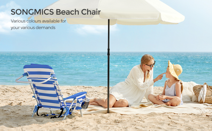 Scaun plaja portabil cu spatar rabatabil 4 pozitii, cadru aluminiu Oxford 600D, max 150 kg, 68x63x75 cm, alb albastru [9]