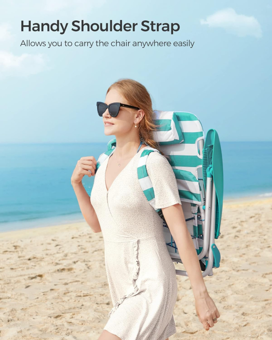 Scaun plaja portabil cu spatar rabatabil 4 pozitii, cadru aluminiu Oxford 600D, max 150 kg, 68x63x75 cm, alb verde [5]