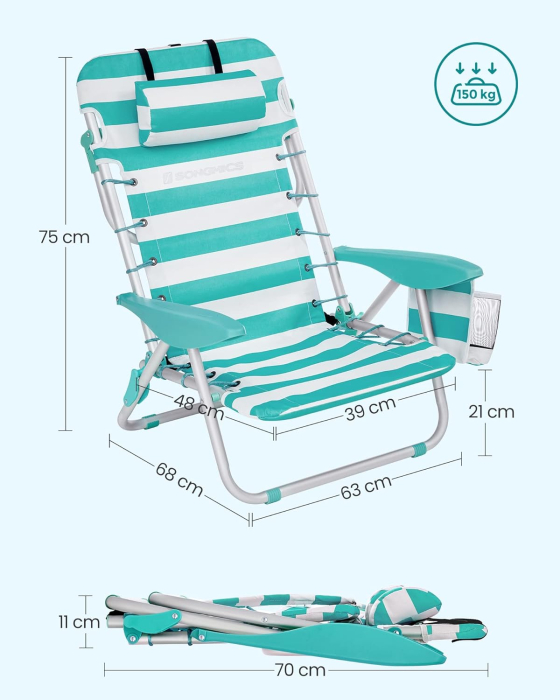 Scaun plaja portabil cu spatar rabatabil 4 pozitii, cadru aluminiu Oxford 600D, max 150 kg, 68x63x75 cm, alb verde [7]