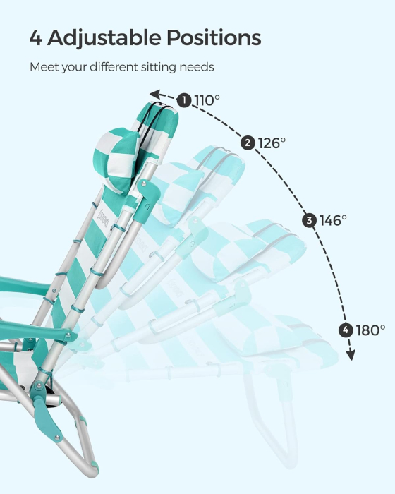 Scaun plaja portabil cu spatar rabatabil 4 pozitii, cadru aluminiu Oxford 600D, max 150 kg, 68x63x75 cm, alb verde [2]