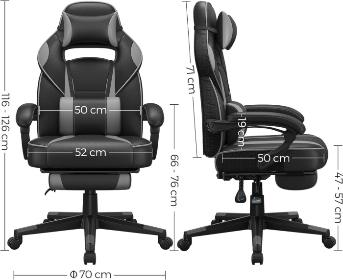Scaun gaming ergonomic, cu spatar inalt, suport pentru picioare, maxim 150 kg , 50x70x126 cm, negru si gri [4]
