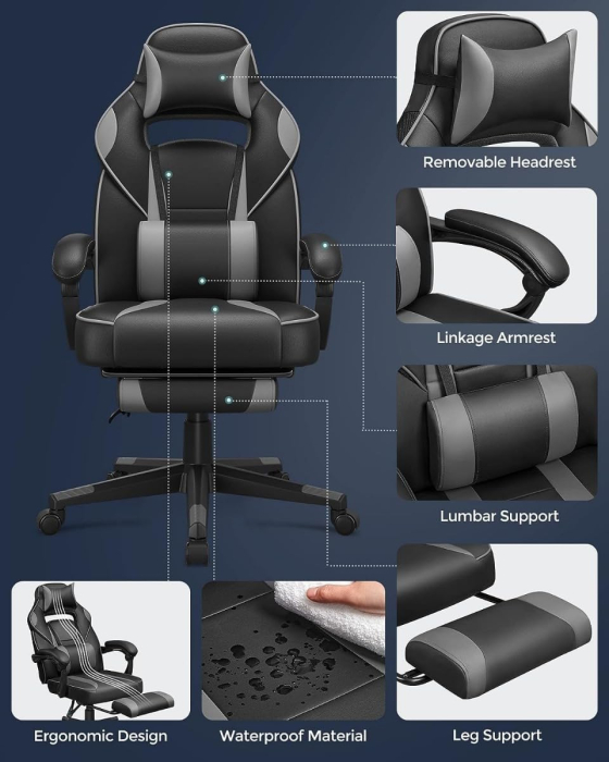 Scaun gaming ergonomic, cu spatar inalt, suport pentru picioare, maxim 150 kg , 50x70x126 cm, negru si gri [5]