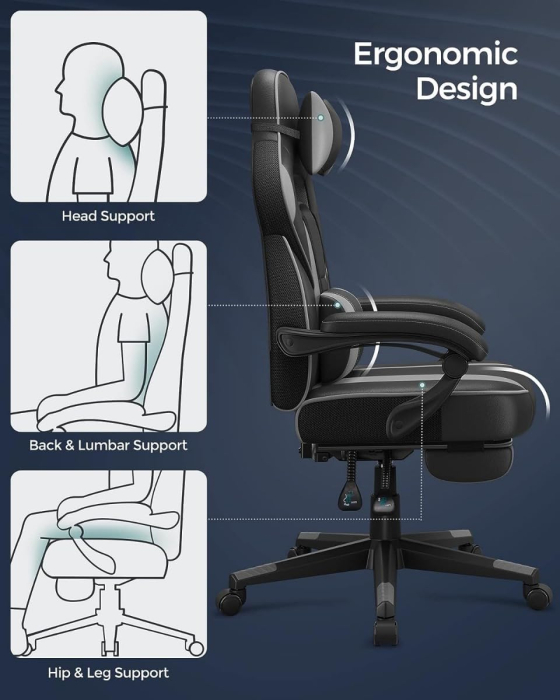 Scaun gaming ergonomic, cu spatar inalt, suport pentru picioare, maxim 150 kg , 50x70x126 cm, negru si gri [9]