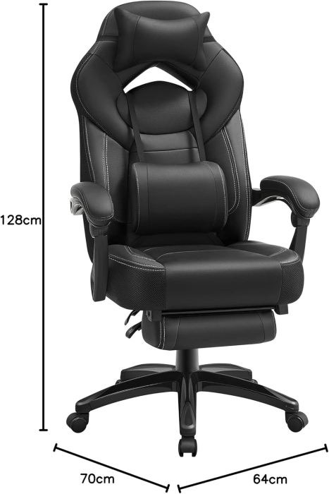 Scaun gaming ergonomic cu suport pentru picioare, tetiera reglabila si suport lombar, maxim 150 kg, 70x64x128 cm, negru [3]