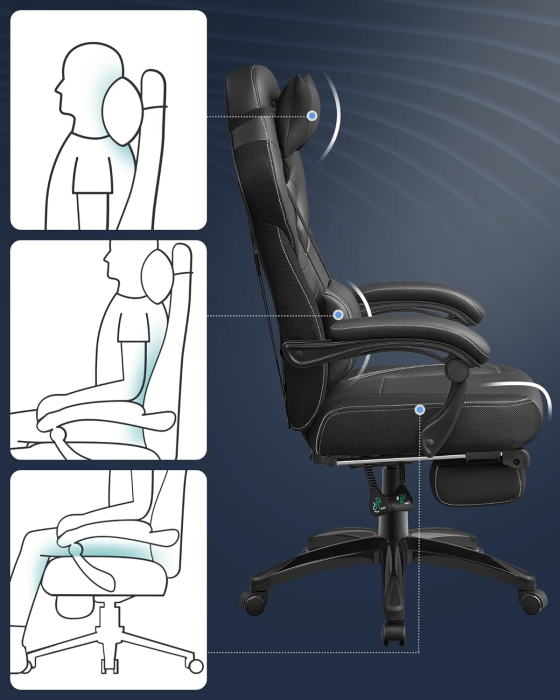 Scaun gaming ergonomic cu suport pentru picioare, tetiera reglabila si suport lombar, maxim 150 kg, 70x64x128 cm, negru [6]