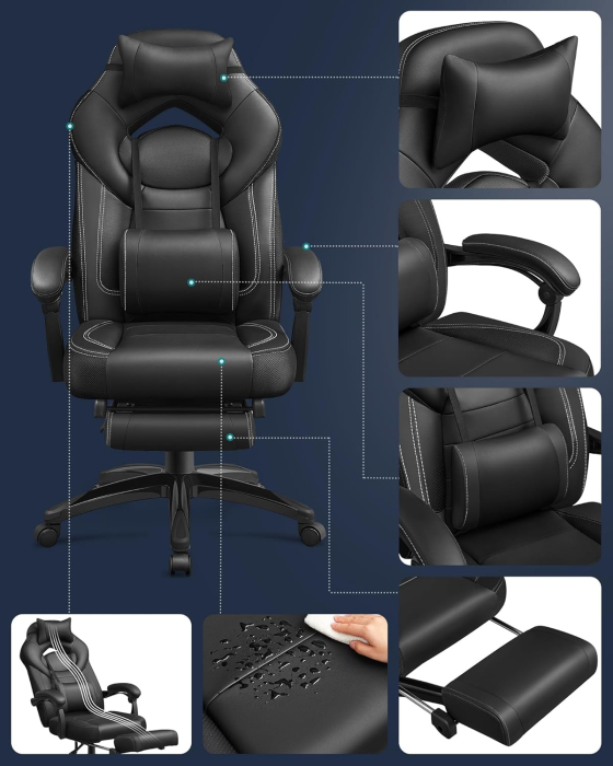 Scaun gaming ergonomic cu suport pentru picioare, tetiera reglabila si suport lombar, maxim 150 kg, 70x64x128 cm, negru [2]