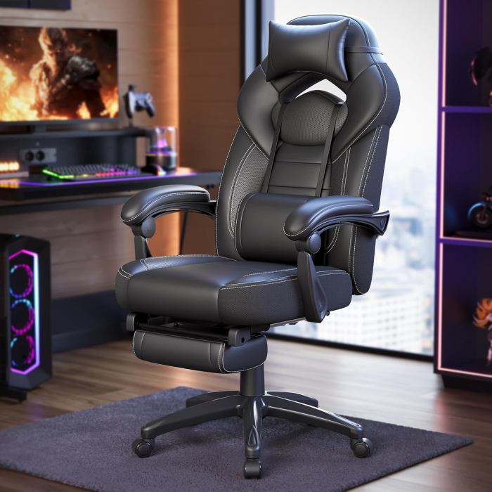 Scaun gaming ergonomic cu suport pentru picioare, tetiera reglabila si suport lombar, maxim 150 kg, 70x64x128 cm, negru [8]