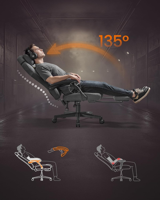 Scaun gaming ergonomic cu suport picioare, material textil bumbac si in, maxim 150 kg, 70x70x129 cm, gri [2]