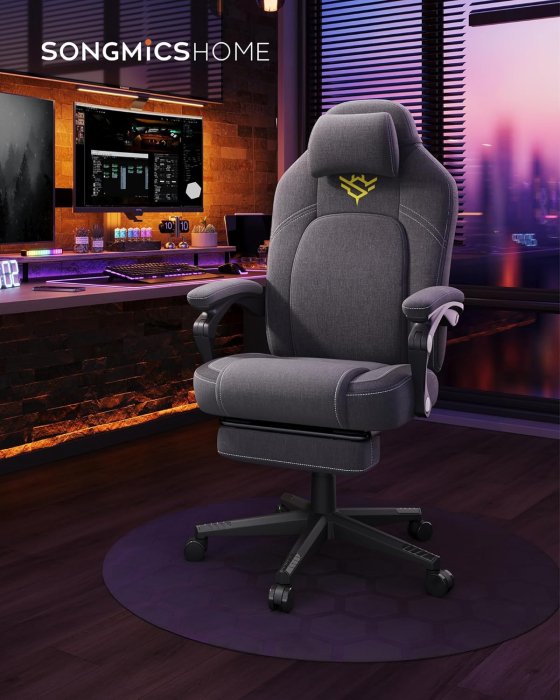 Scaun gaming ergonomic cu suport picioare, material textil bumbac si in, maxim 150 kg, 70x70x129 cm, gri [5]