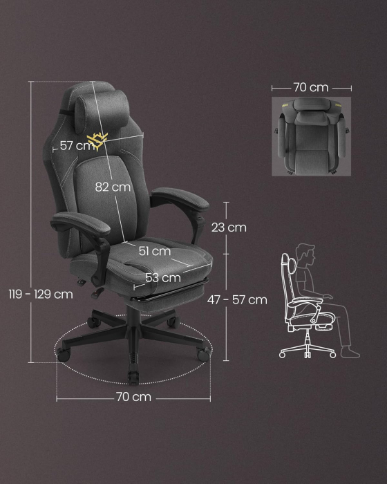 Scaun gaming ergonomic cu suport picioare, material textil bumbac si in, maxim 150 kg, 70x70x129 cm, gri [7]