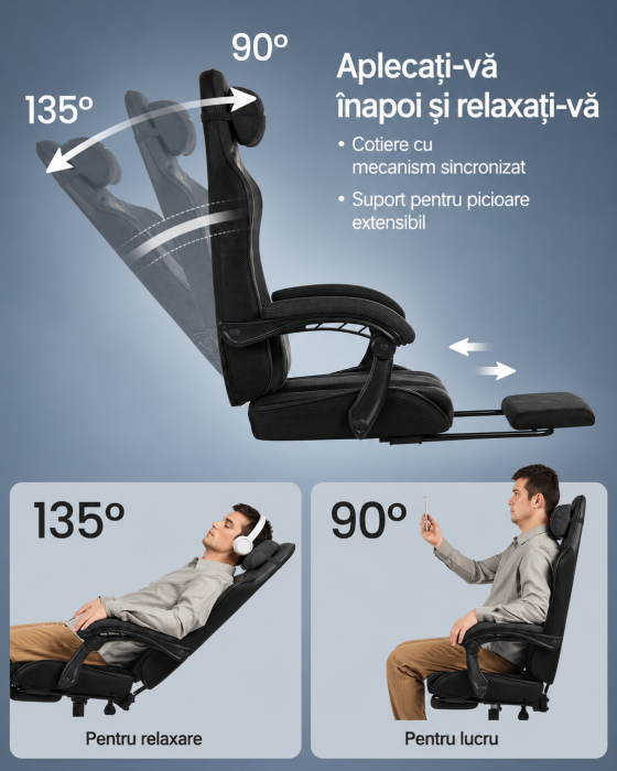 Scaun gaming ergonomic cu suport picioare, spatar reglabil 90-135Â°, perne lombare si tetiera, 70x70x133 cm, negru [7]