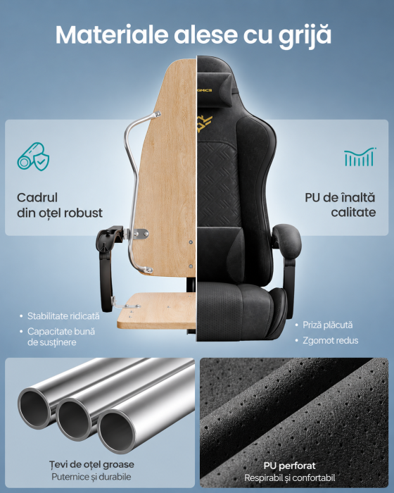 Scaun gaming ergonomic cu suport picioare, spatar reglabil 90-135Â°, perne lombare si tetiera, 70x70x133 cm, negru [6]