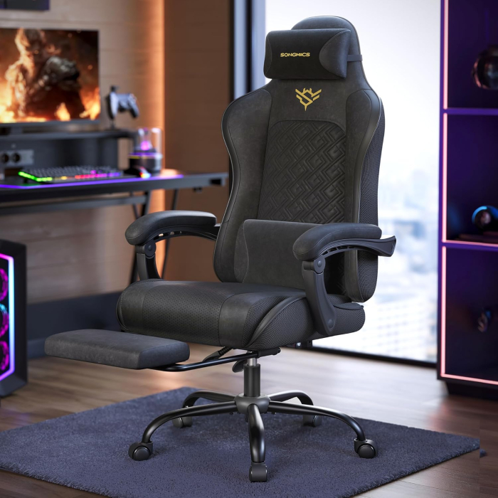 Scaun gaming ergonomic cu suport picioare, spatar reglabil 90-135Â°, perne lombare si tetiera, 70x70x133 cm, negru [2]