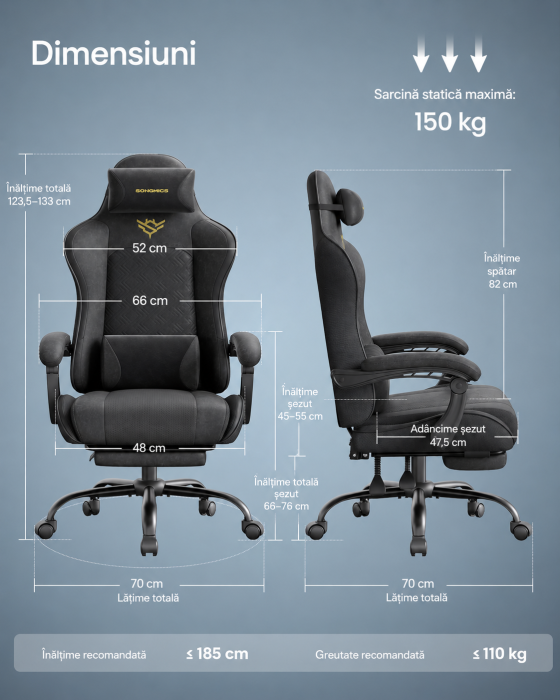 Scaun gaming ergonomic cu suport picioare, spatar reglabil 90-135Â°, perne lombare si tetiera, 70x70x133 cm, negru [3]