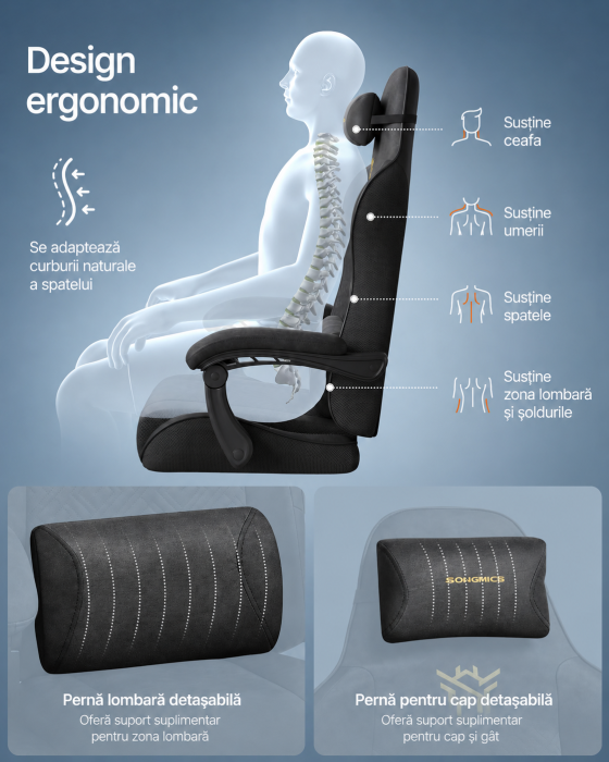Scaun gaming ergonomic cu suport picioare, spatar reglabil 90-135Â°, perne lombare si tetiera, 70x70x133 cm, negru [4]