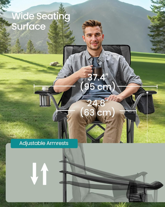 Scaun pliabil camping premium cu spatar inalt si sezut buretat, suport bauturi si buzunar termo, 200 kg, 63x95x100 cm, negru [7]