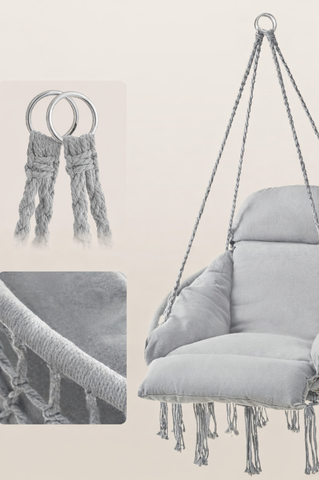 Scaun suspendat tip hamac cu perna groasa, stil scandinav, cadru metalic, 120 kg, gri deschis [5]
