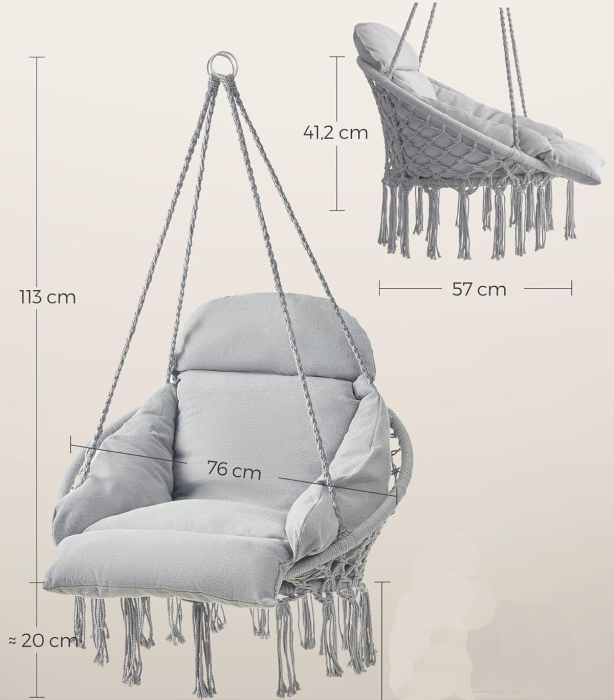 Scaun suspendat tip hamac cu perna groasa, stil scandinav, cadru metalic, 120 kg, gri deschis [6]