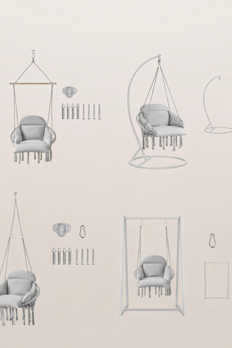 Scaun suspendat tip hamac cu perna groasa, stil scandinav, cadru metalic, 120 kg, gri deschis [3]