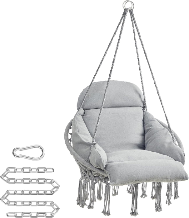 Scaun suspendat tip hamac cu perna groasa, stil scandinav, cadru metalic, 120 kg, gri deschis [2]