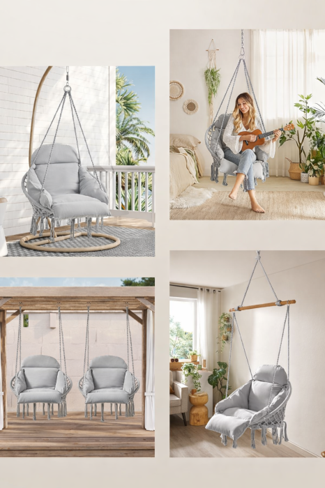 Scaun suspendat tip hamac cu perna groasa, stil scandinav, cadru metalic, 120 kg, gri deschis [8]