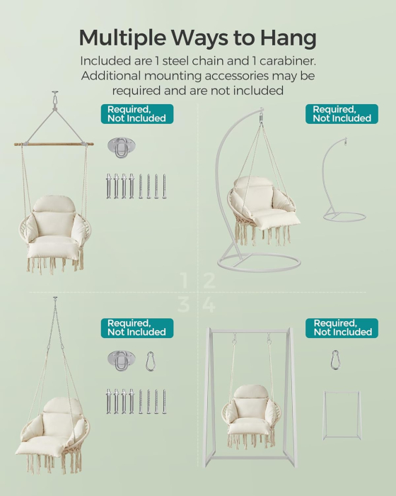 Scaun suspendat tip hamac cu perna groasa, stil scandinav, cadru metalic, include lant si carabiniera, 120 kg, crem [2]