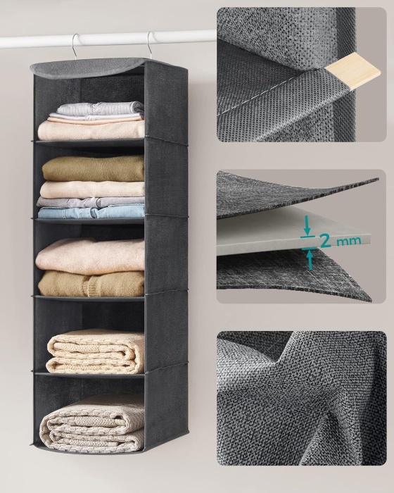 Set 2 bucati organizatoare suspendate pentru dulap, 5 rafturi, pliabil, 30x30x90 cm, gri [5]