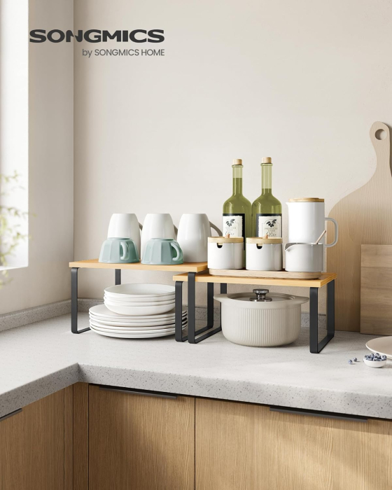 SONGMICS Set 2 rafturi de bucatarie suprapozabile, pentru ustensile sau condimente, 20x30x16cm, natur si negru [3]