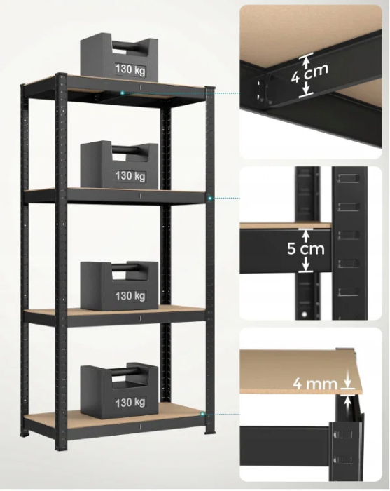 Set 2 rafturi metalice cu 4 polite MDF reglabile, 80x40x160 cm, negru [4]
