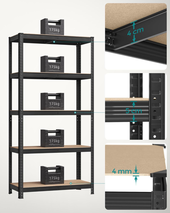 Set 2 rafturi metalice cu 5 niveluri reglabile, din otel si MDF, 90x40x180 cm, sarcina 875 kg, negru [5]