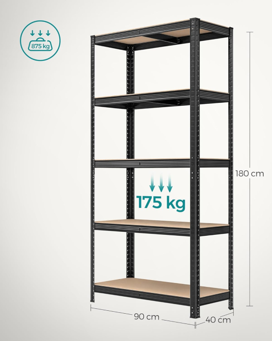 Set 2 rafturi metalice cu 5 niveluri reglabile, din otel si MDF, 90x40x180 cm, sarcina 875 kg, negru [3]