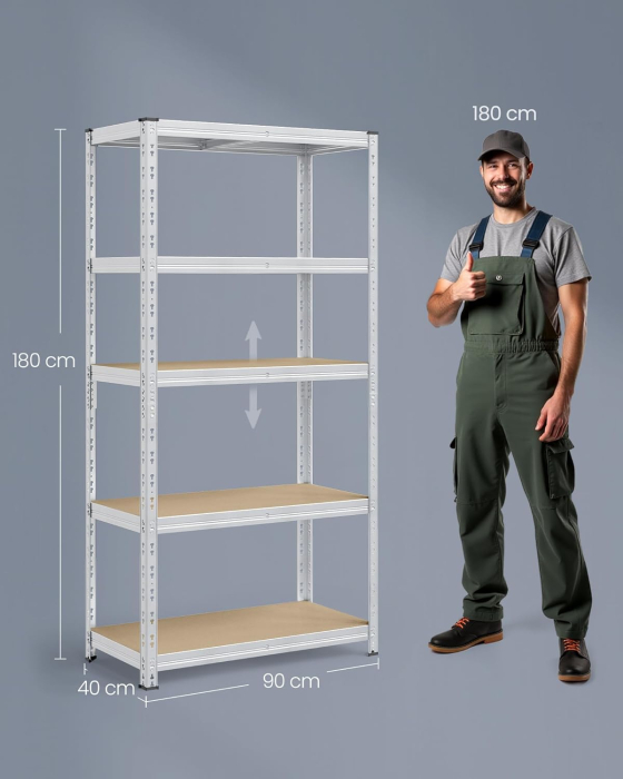Set 2 rafturi metalice depozitare, 5 niveluri, reglabile, polite MDF, 875 kg, 40x90x180 cm, argintiu [6]