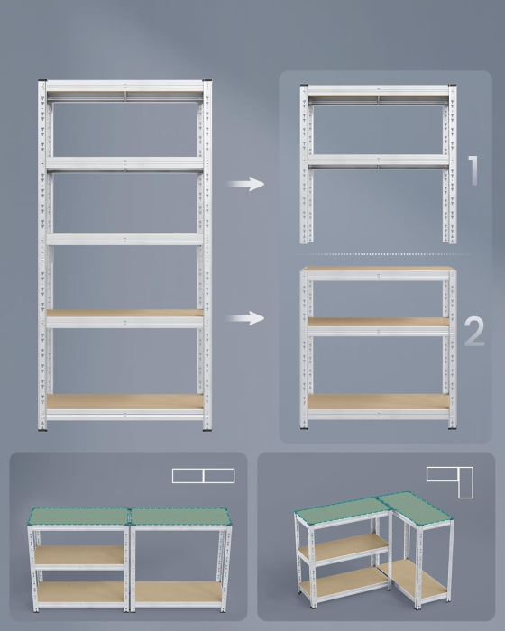Set 2 rafturi metalice depozitare, 5 niveluri, reglabile, polite MDF, 875 kg, 40x90x180 cm, argintiu [4]