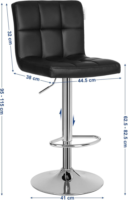 Set 2 scaune bar reglabile pe inaltime, cu spatar, sezut PU si suport picioare, rotatie 360Â°, 38x45x115 cm, negru [4]
