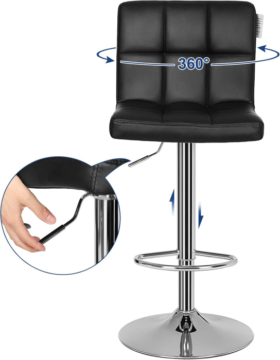 Set 2 scaune bar reglabile pe inaltime, cu spatar, sezut PU si suport picioare, rotatie 360Â°, 38x45x115 cm, negru [3]