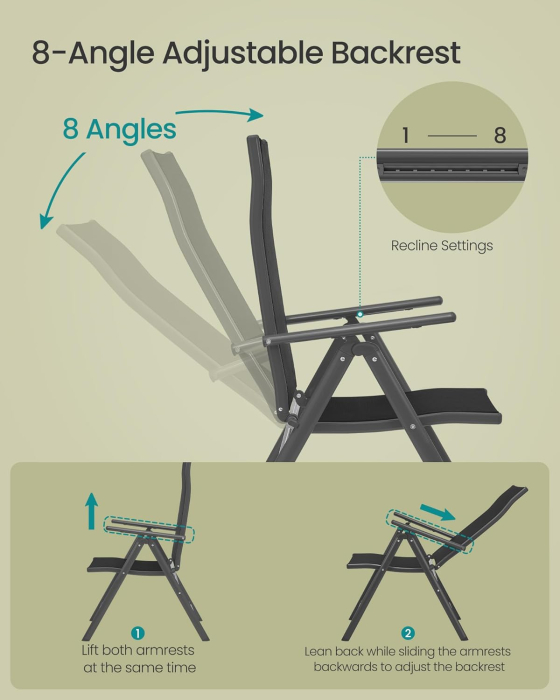 Set 2 scaune gradina pliabile cu spatar reglabil 8 pozitii, 150 kg, 56x70x106 cm, negru [2]