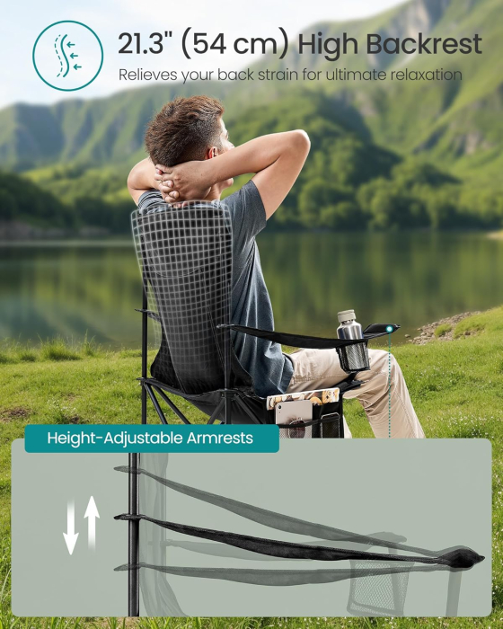 Set 2 scaune pliabile camping cu spatar inalt si suport bauturi, husa transport, 150 kg, 52x87x97 cm, negru [4]