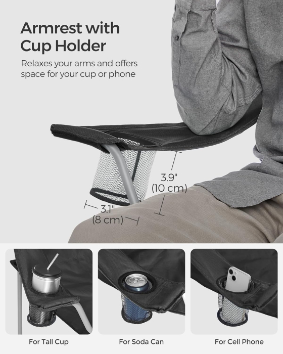 Set 2 scaune pliabile camping sau pescuit, cadru otel Oxford 600D, suport pahar, max 150 kg/buc, geanta transport, negru [7]