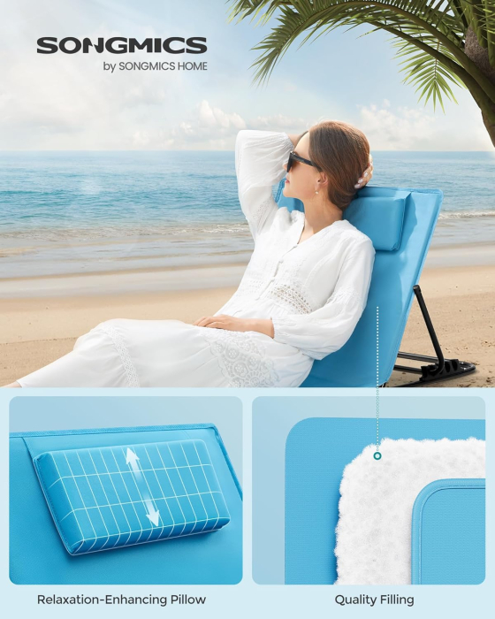 Set 2 sezlonguri plaja pliabile, spatar reglabil 4 pozitii, perna si buzunar incluse, otel galvanizat, max 150 kg, 158x55 cm, albastru [6]